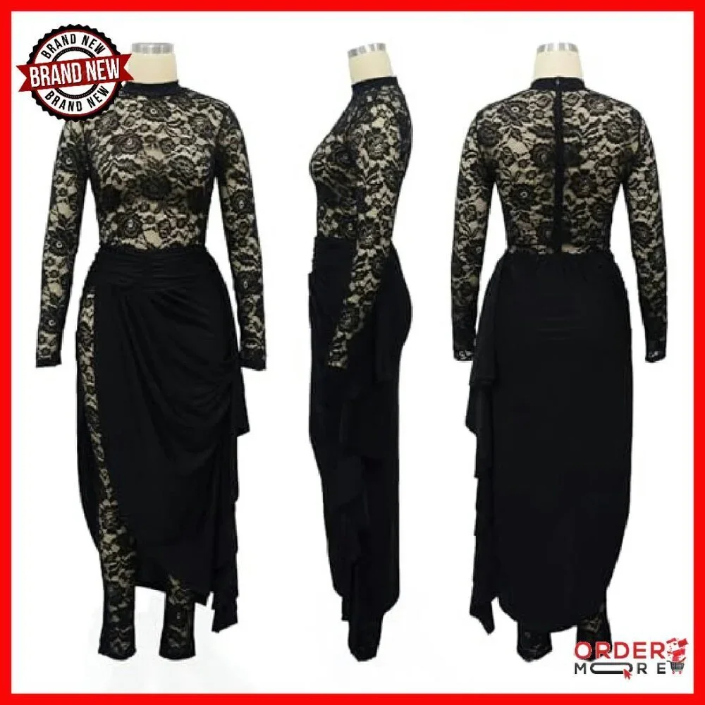 Women's Lace Jumpsuit Long Sleeve See Through Bodycon Club Outfit